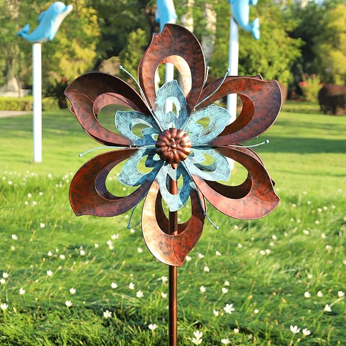 Garden Wind Spinner,Flower Wind Spinner,Outdoor Metal Wind Sculpture & Spinner Large 23 inch Dia 84 inch Height Kinetic Windmill for Garden Yard