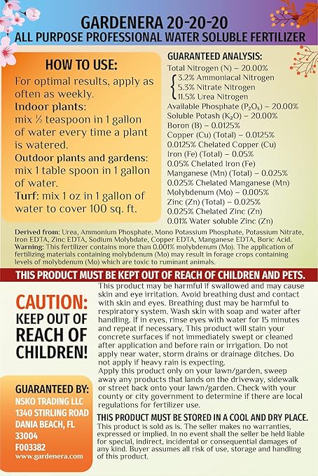 Premium 20-20-20 All-Purpose Soil Fertilizer by Gardenera - Ideal for Flowers, Plants, Vegetables, Fruit Trees and Lawns - 20 Quart