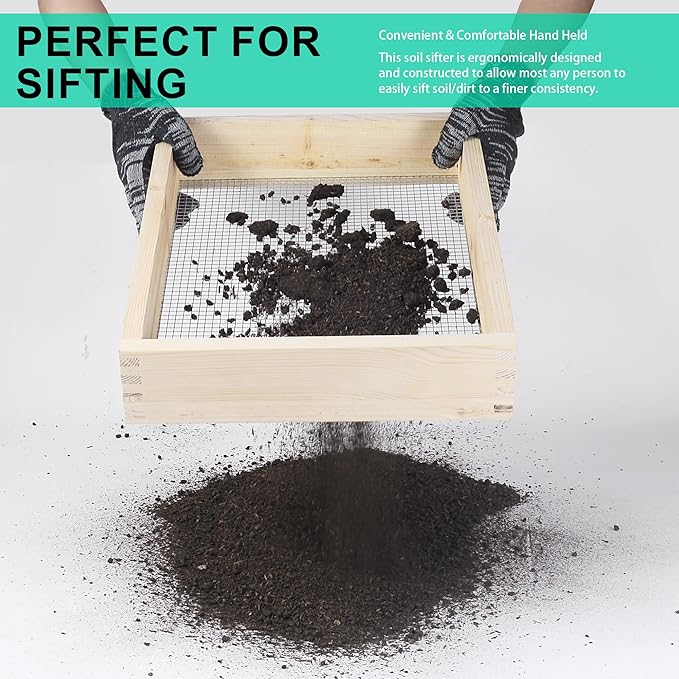 15.74" x 11.81" Soil Sifter - Steel Wire Mesh & Natural Wood Dirt Sifter for Gardening - Compost, Rock, & Dirt Sifter Tool with Gloves and Trowel- Essential Garden Tool for Flower & Vegetable Planting
