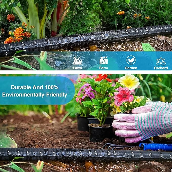 Flat Garden Soaker hose 25ft,Drip irrigation hose for garden beds,water hose with holes for flower beds,Saves 80% water.