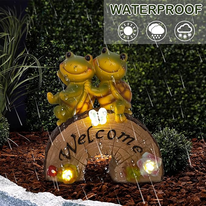 Attivolife Garden Statue Turtle Welcome Decor, Outdoor Solar Light Cute Succulent Frog Face Figurines LED, Patio Lawn Porch Yard Balcony Decor, Unique Housewarming Birthday Gift for Mom Women