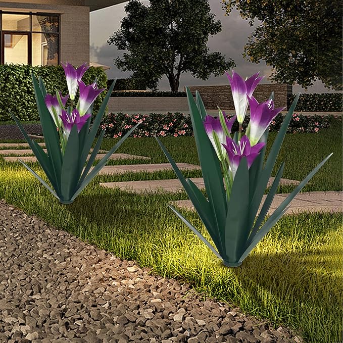 Homight Metal Agave Plant Outdoor Decoration Outdoor Garden Decoration Lily Mexican Yard Art Plant Garden Agave Lily Decorative Garden Gift… (3 Big Purple Lilies)