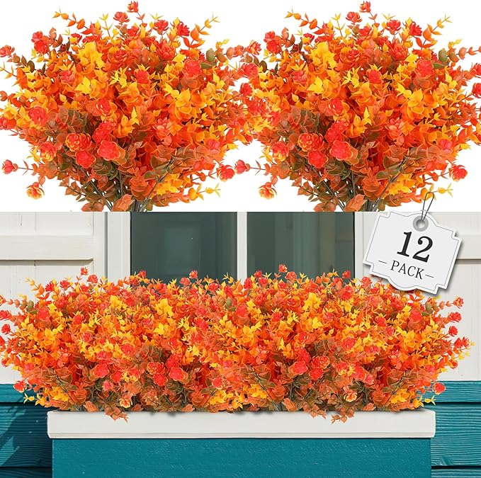 12 Bundles Artificial Fall Flowers Outdoor,No Fade Fake Plastic Flowers,Faux Autumn Plants for Thanksgiving Xmas Decor,Hanging Planters Indoor Outside Garden Porch Window Box Home Wedding