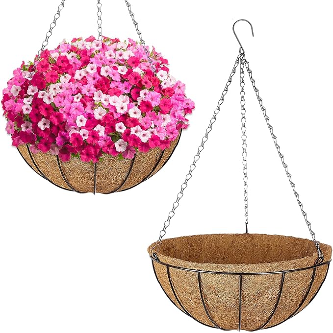 ZeeDix 2 Pack 16 Inch Metal Round Hanging Planter Basket with Coconut Liners Replacement, Hanging planters Baskets with Natural Coco Liner for Outdoor Indoor Planters Flowers Vegetables