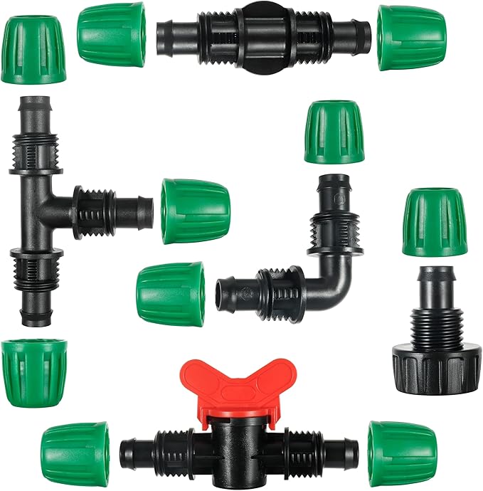 19 Pcs Pond Irrigation 1/2 inch Vinyl Tubing Fittings Kit, For (1/2" ID x0.6-0.63" OD) 16mm Drip Tubing - 6 Tees, 6 Couplings, 4 Ends, 2 Elbows, 1 Switch Valves- Barbed Locked Nuts Connectors