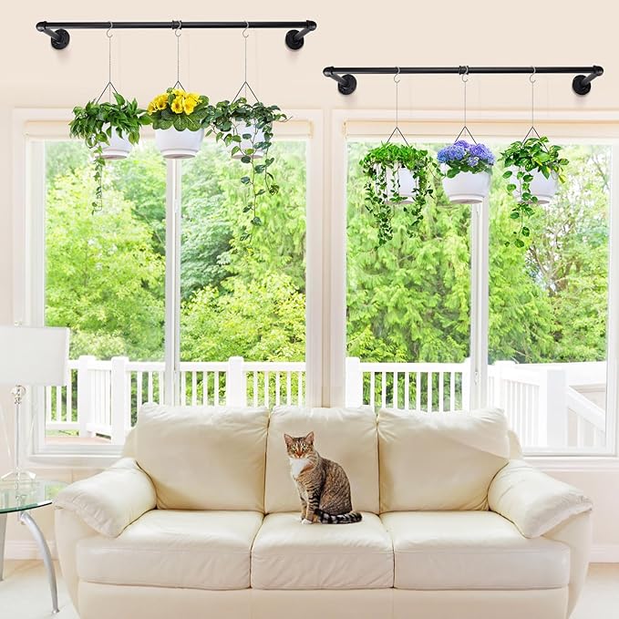 Plant Hanger Indoor, 34.2in Strong Load-Bearing Hanging Plant Holder, Window Plant Rod Black Metal Bar for Wall Ceiling Decor Shelves, 2 Pcs(Pot Chain & Plant Not Included)