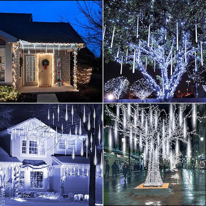 Solar Christmas Lights Outdoor Waterproof, Meteor Shower Lights Solar Powered, 16 Inches 8 Tube 288 LED Solar Icicle Tree Lights for Tree Bushes Holiday Parties Christmas Patio Decor, Pure White