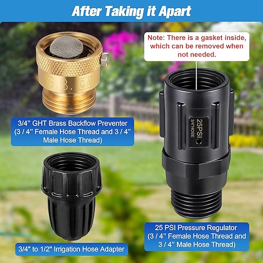 Feekoon 1 Set Drip Irrigation Faucet Adapter Kit 1/2'' Irrigation Tubing to 3/4'' Faucet Water Pressure Regulator Backflow Preventer with Filter, Drip Irrigation System Parts, No Assembly Required