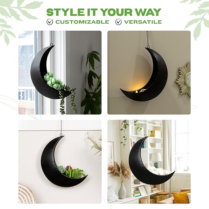 Black Hanging Moon Planter with Drain Holes - Moon Room Decor - Unique Planters for Succulents,Air Plant, Cactus, Artificial Plants- Plant Lover Gifts - Boho,Hippie, Birthdays,Witchy Gifts for Women