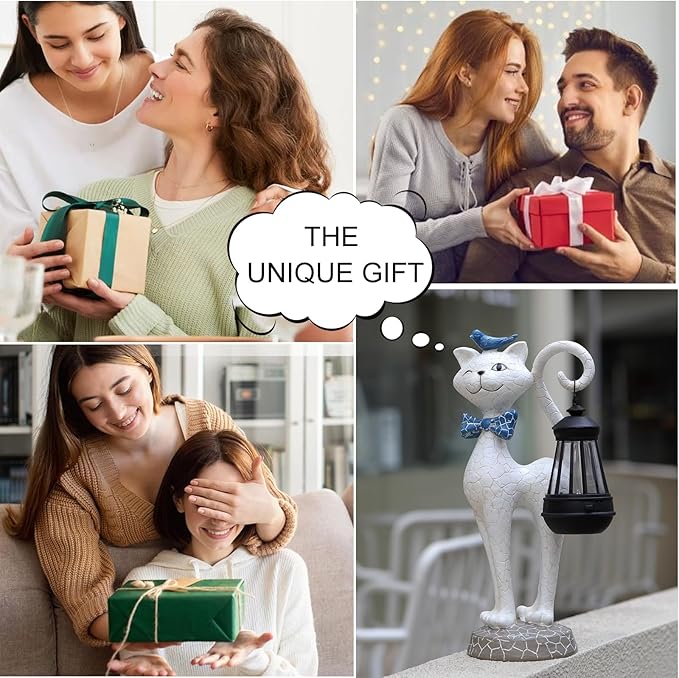 Solar Outdoor Garden Statues Light,Cat Figurines with Cute Birds Garden Sculpture Decor, Unique Christmas Gifts for Women, Men or Daughter, Housewarming Gifts and Yard Decoration