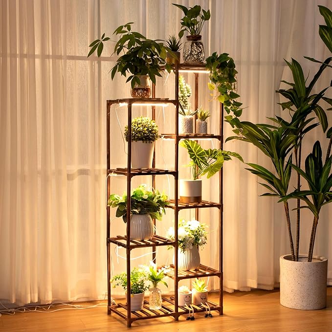 Dreyoo Plant Shelf with Grow Light, 8 Tiered Wood Plant Stand Indoor with Full Spectrum Grow Light for Corner, Multi Layer Tall Lighted Flower Stand for Living Room/Balcony/Outdoor/Garden Display
