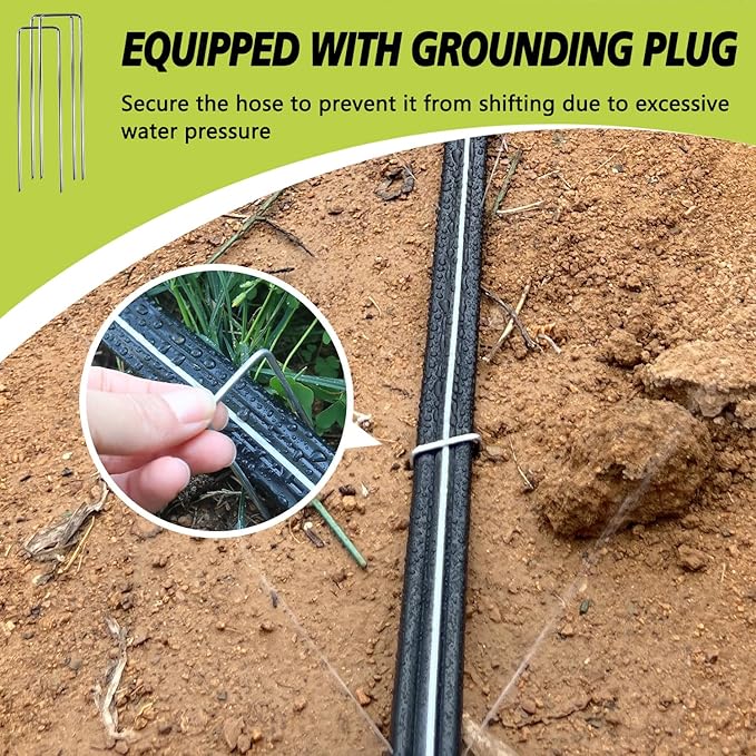 Sprinkler Hose with Holes, Flat Soaker Hose 50 ft (25 ft 2pack) with Garden Staples and Splitters, PVC Drip Line Irrigation Hoses for Lawn,Garden Beds Watering Hose (50 ft)