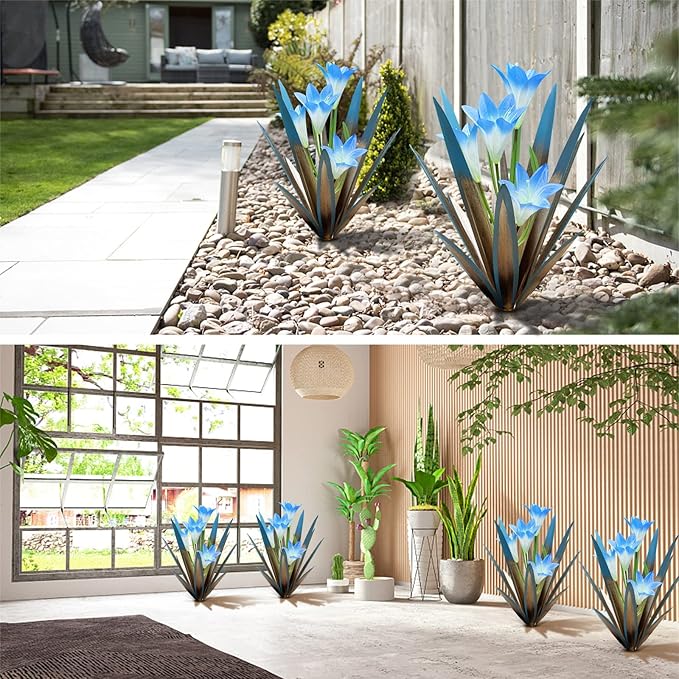 Homight Metal Agave Plant Outdoor Decoration Outdoor Garden Decoration Lily Mexican Yard Art Plant Garden Agave Lily Decorative Garden Gift… (3 Big Blue Lilies)