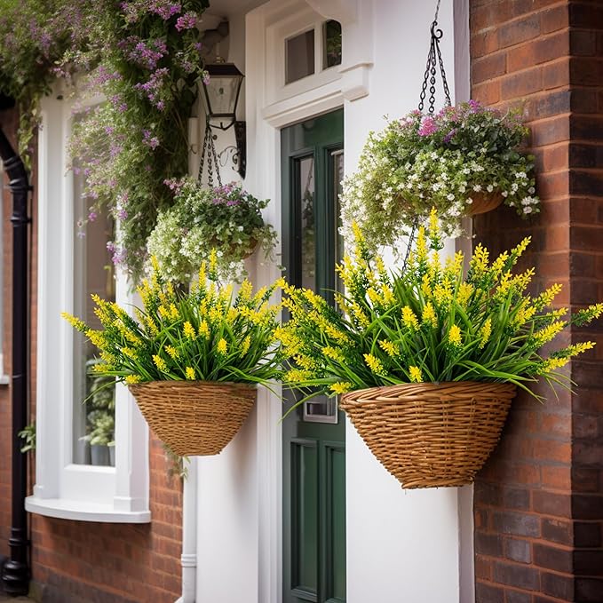 Artificial Flowers for Outdoor Plants 24 Bundles Fake Lavender Plastic Faux Monkey Grass for Verandah Window Garden Office Patio Front Porch UV Resistant for Planter(Yellow)