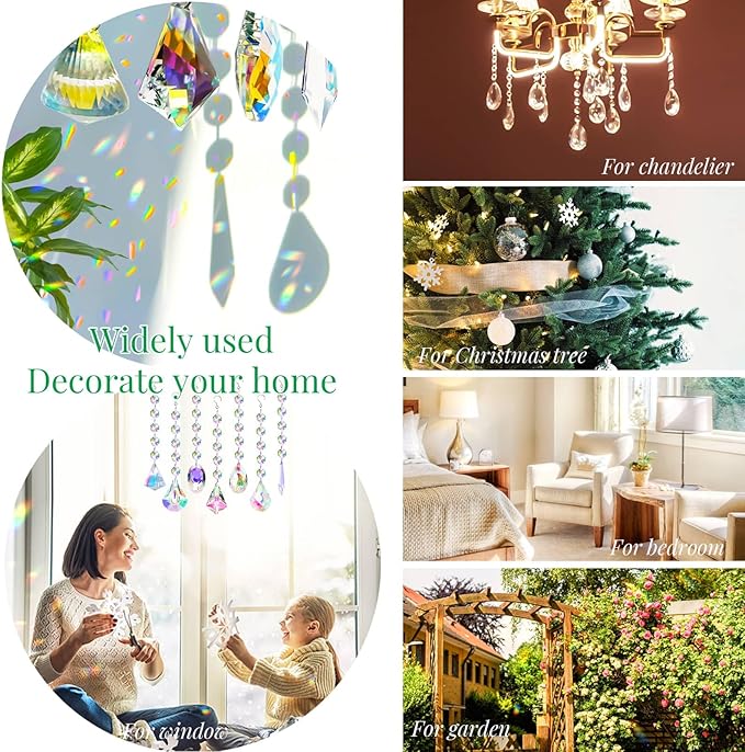 Sun Catchers with Crystals, 7 Pcs Hanging Crystals Suncatchers for Windows, Colored Crystals Prisms Glass Pendant Suncatchers Beads for Chandeliers, Garden, Christmas Tree Decoration