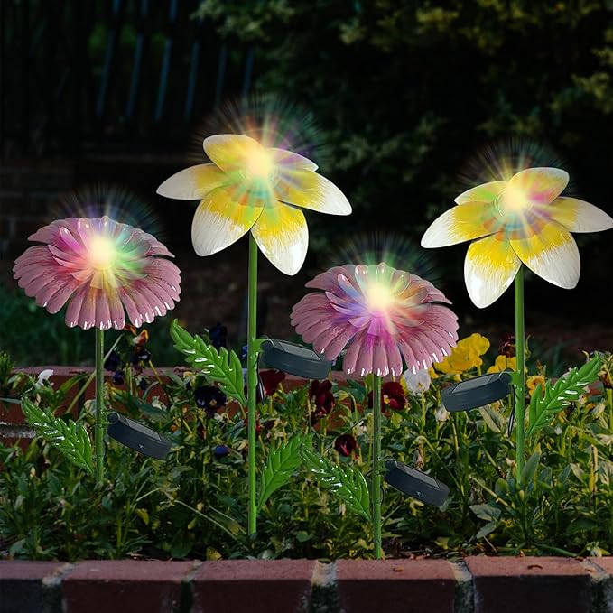 4Pcs 25" Solar Garden Decor for Outside, 3D Metal Flowers for Outside, Valentines Day Garden Stakes Decoration, Solar Lights Garden Decor, Yard Art for Lawn Patio Porch Gifts for Her