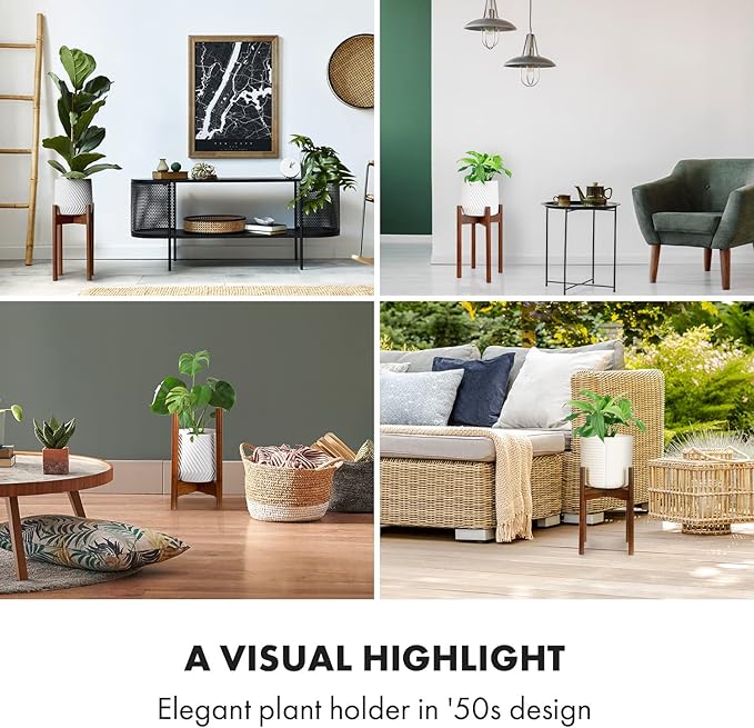 Fox & Fern Adjustable Tall Plant Stand Indoor — 8 to 12 Inch Mid Century Bamboo Plant Stand with Adjustable Width; Plug In Design; Easy to Assemble; Two Height Options - For 8, 9, 10, 11 & 12 In Pots