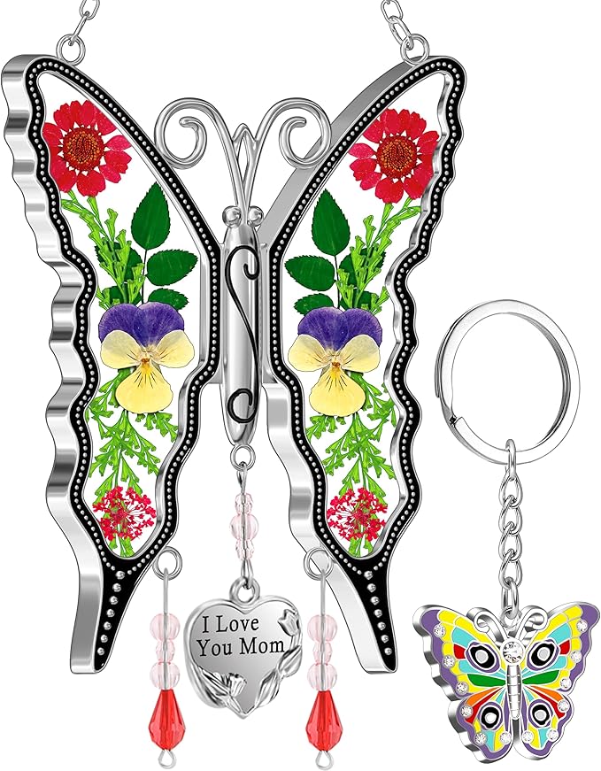 KY&BOSAM Butterfly Suncatcher Gifts for Mom for Windows Hangings I Love You Mom Pressed Flower Between Wings Glass Metal Engraved Charm Birthday Gifts for Women Mom Mother's Day Valentine's Christmas