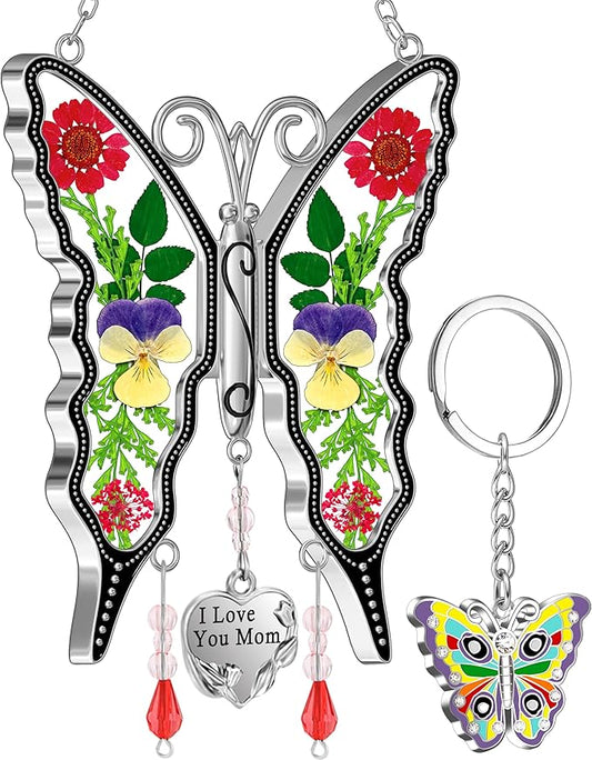 KY&BOSAM Butterfly Suncatcher Gifts for Mom for Windows Hangings I Love You Mom Pressed Flower Between Wings Glass Metal Engraved Charm Birthday Gifts for Women Mom Mother's Day Valentine's Christmas