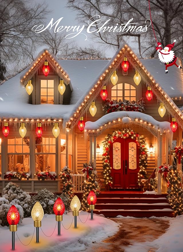 Moonflor Strawberry Jumbo C9 Christmas Lights Outdoor - 2 Pack Total 17FT 10 LED Jumbo C9 Christmas Pathway Lights Outdoor, C9 Walkway Lights, Christmas Decoration for Outside Lawn, Red & Warm White