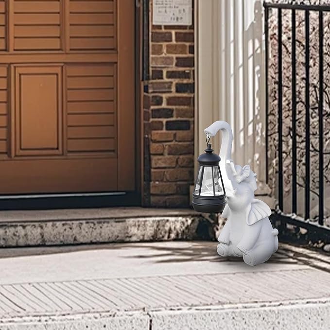 Statue Decoration, Figurine, Lawn Statue, Sculpture Ornament, Animal Figurine - Elephant Resin Statue with Lantern (Hand-JD Trunk-JD)