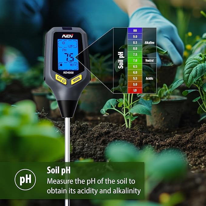 NDI Soil Moisture Meter,5-in-1 Soil Test Kit Tool with Moisture,Light,PH,Temperature and Salinity for Gardening, Farm, Lawn, Indoor & Outdoor Plants.
