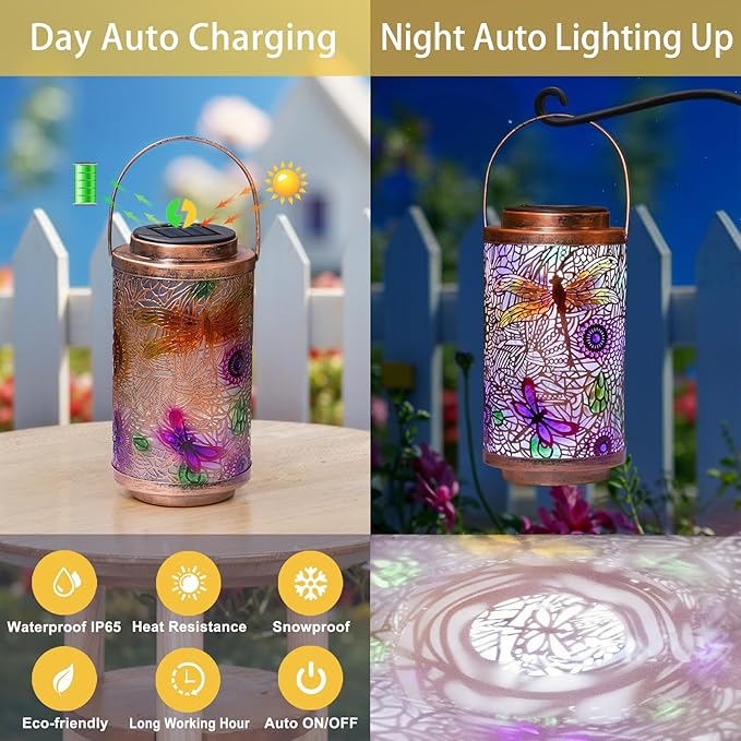 Go2garden 2Pack Solar Outdoor Lanterns Waterproof Dragonfly Garden Gifts for Women Patio Decor Lights Metal Lantern for Yard, Tabletop, Porch, Outside,Mothers Day Gifts for Mom Women