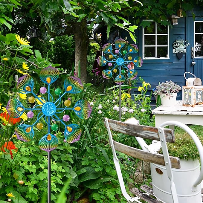 Peacock Wind Spinner Outdoor, Standing Wind Sculpture Yard Art Decorations, Metal Windmill for Patio Lawn & Garden Decor (1pcs-Blue Green)