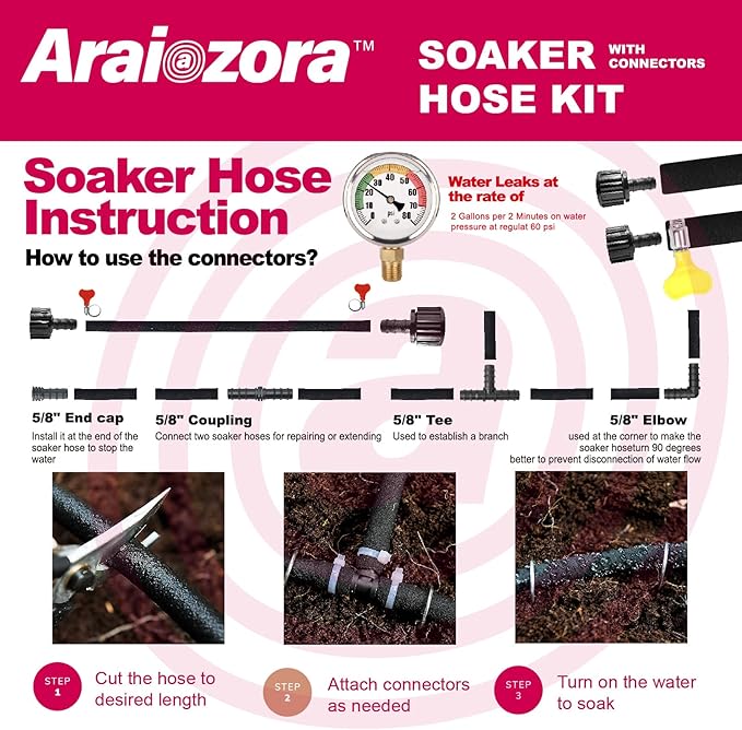 Soaker Hose 150 FT For Garden Beds,Heavy Duty Solid Brass Connector 1/2“ Ruber Drip Irrigation Kit with Hose Stakes&Connector Set for Flower Bed&Yard,Landscaping
