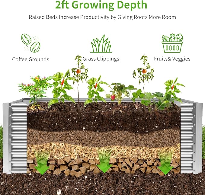 Land Guard 6×3×2 ft Galvanized Metal Raised Garden Bed, 2FT Deep Root Elevated Planter Box Steel Large Vegetable Flower Bed Kit(Silver)