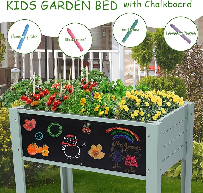 WONDER GARDEN Raised Garden Bed-Planters for Outdoor Plants - Wood Planter Boxes Outdoor for Kids with Legs and DIY Chalkboard for Vegetables Flower Herb