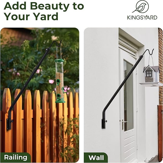 Kingsyard 2 Pack Heavy Duty Wall Mounted Deck Hook, 27"-39" Adjustable Metal Plant Wall Hanger for Hanging Bird Feeders, Planters, Lanterns, Wind Chimes, Wall Mounted