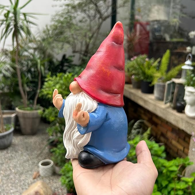 Middle Finger Gnome Statue 7.8in, Naughty Garden Gnome Statue Decoration and Lawn Ornament - Funny Garden Gnomes for Outdoor or Home Decor, Red, WSH004