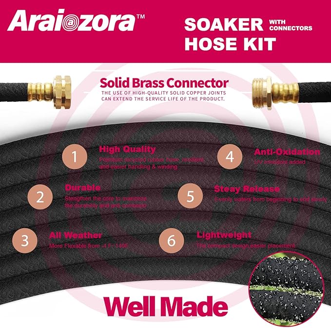 Soaker Hose 100 FT For Garden Beds,Heavy Duty Solid Brass Connector 1/2“ Ruber Drip Irrigation Kit with Hose Stakes&Connector Set for Flower Bed&Yard,Landscaping