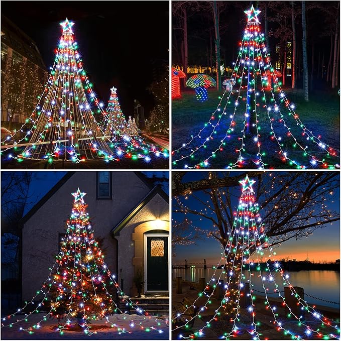 BlcTec Outdoor Christmas Lights 344 LED Christmas Star Lights with 9 Strands 11.9ft Waterfall Tree Lights, 8 Modes, Waterproof & Timer for Garden Yard Patio Outdoor Xmas Decorations,Red Green White