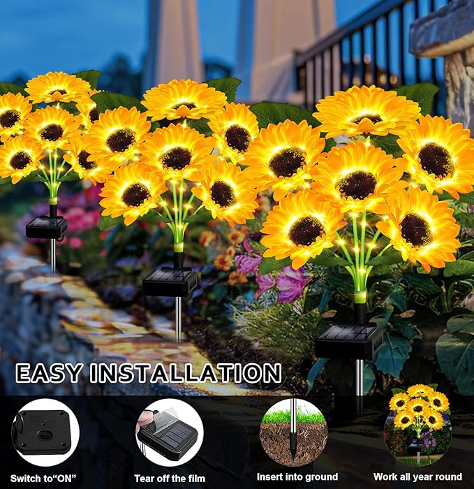 Solar Lights Outdoor Garden Decor,4 Pack with 24 Sunflower Lights,Solar Flowers Lights Waterproof,Sunflowers Gifts for Mom Women Grandma Birthday,Decorative Stakes Lights for Yard Patio Lawn