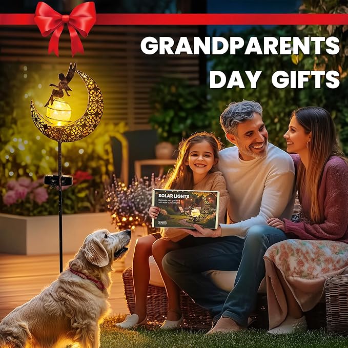 Fairy Moon Solar Lights Outdoor Garden Stakes, Waterproof Metal Decor Gifts for Women Mom, Art Moon Sculpture for Yard, Patio, Garden, Porch, 2 Pack