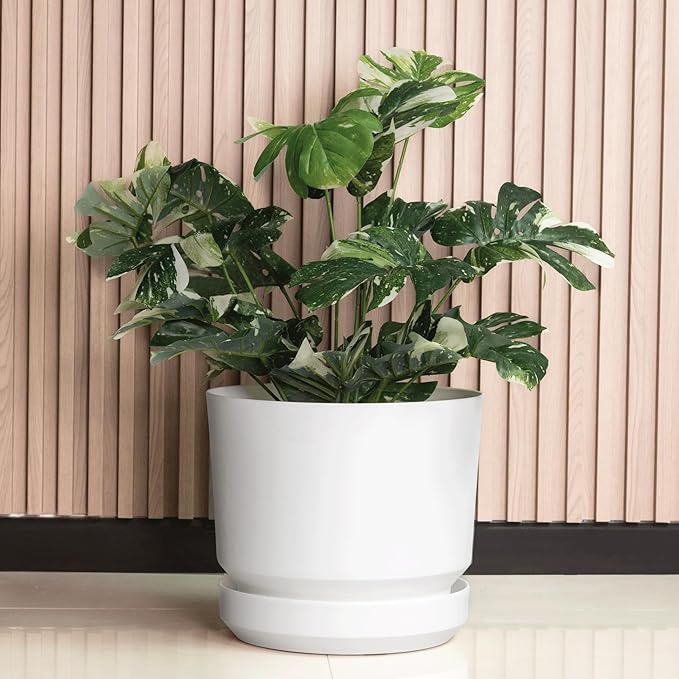 Elly Décor 14 inch Plastic Cylinder Planter Pot with Self-Watering Saucer and Drainage Hole,Lightweight & Extremely Durable, 14"x 14", White