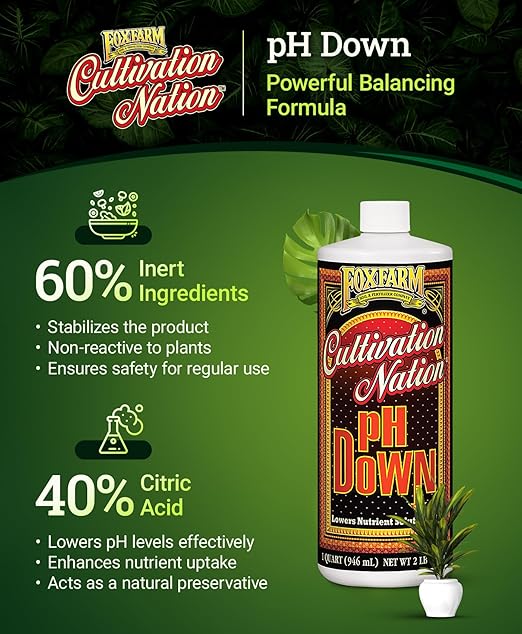 FoxFarm Cultivation Nation pH Down - Liquid Nutrient Solution Adjuster for Hydroponic & Soil Gardens, Lowers pH Levels - 40% Citric Acid for Optimal Plant Growth (Quart)