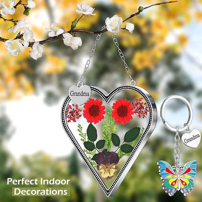 KY&BOSAM Heart Suncatcher Grandma Gifts Glass Butterfly Suncatchers for Window Pressed Flower Between Heart in Glass Metal Engraved Charm Gift for Women Mother's Day Valentine's Birthday Christmas