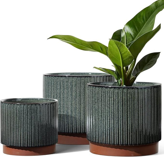 LE TAUCI Ceramic Plant Pots with Drainage Holes, Set of 3, 8+6.7+5.5 Inch Stripe Garden Planter Pots for Outdoor Indoor Plants Flower, Round Succulent Orchid Flower Pot, Reactive Glaze Black