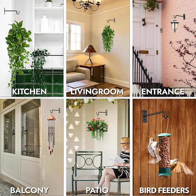 RTZEN Plant Hangers Outdoor or Indoor - Wrought Iron Metal Hanger Indoor Hook - Heavy Duty Wall Bracket Hooks for Hanging Plants Baskets Lanterns Wind Chimes - 2 Pack (Black Shepherds Hooks)