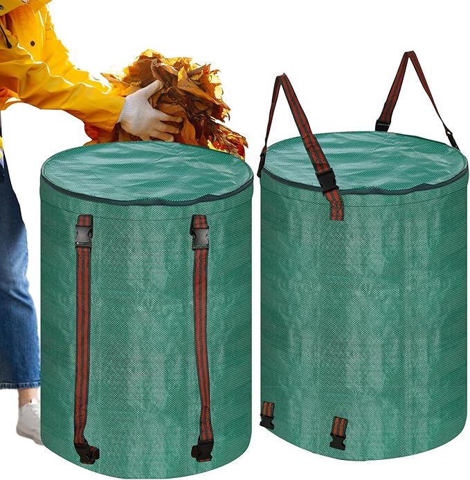 Leaf Collector Bag with Lid, Shoulder Strap, and Drawstring – Reusable Yard Garden Bag for Leaves and Lawn Trash, Perfect for Leaf Removal, Yard Clean-Up (With lid, 48 Gallon)