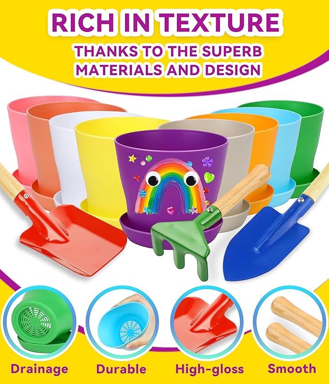PAITIN Paint & Plant Flower Gardening Kit - 4 Inch Plant Pots, Kids Gardening Tools, Plant Labels, Paints, Brushes, Gem & Eye Stickers - Perfect Gardening Gifts for Women & Kids