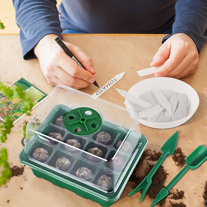 10 Sets Seed Starter Tray Kit Seed Starter Trays with Humidity Dome and Base Include 120 Peat Pellets 200 Plant Labels Garden Tools Plant Germination Tray Set for Indoor Outdoor Planting, Green