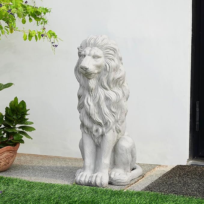 Glitzhome Guardian Sitting Lion Garden Statue MGO Outdoor Decoration, 27.75" H, White