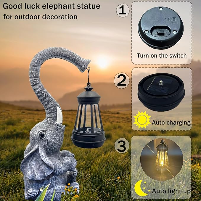 10.6 Inch Statue Elephant with Solar Outdoor Lights for Garden Decor,Lucky Present with Appeal for Birthdays(Man and Women and Family),Unique Housewarming Presents and Yard Decor. (Gray)
