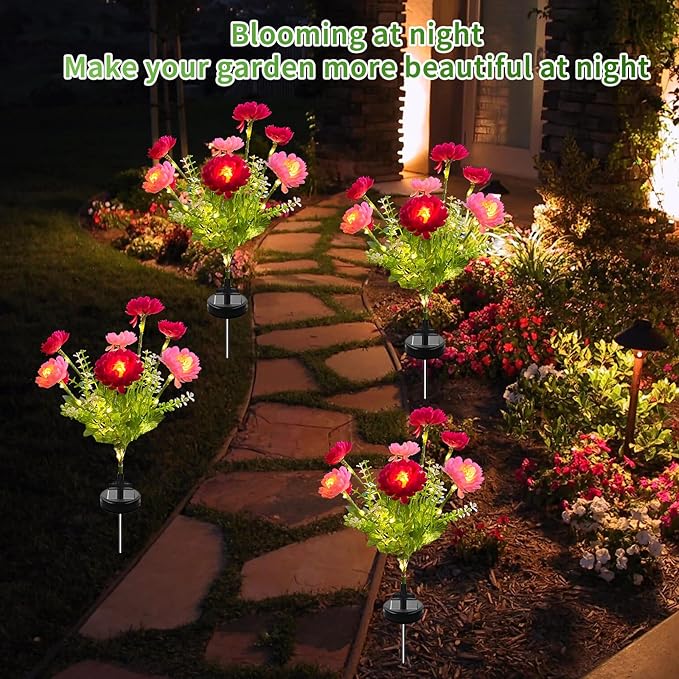 3 Branches Solar Lights, Outdoor Garden Decoration - 7 Snow Lotus Solar Garden Lights, Waterproof Solar Outdoor Lights, Auto On/Off, Garden, Yard Solar Decoration Lights (Red, 3 Pack)