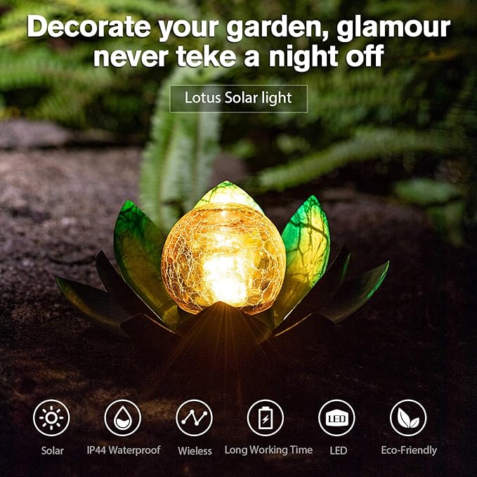 Solar Light Outdoor(2Pack), Art Crackle Globe Glass Lotus Decoration, Solar LED Waterproof Blue Metal Flower Lights for Patio,Lawn,Walkway,Tabletop