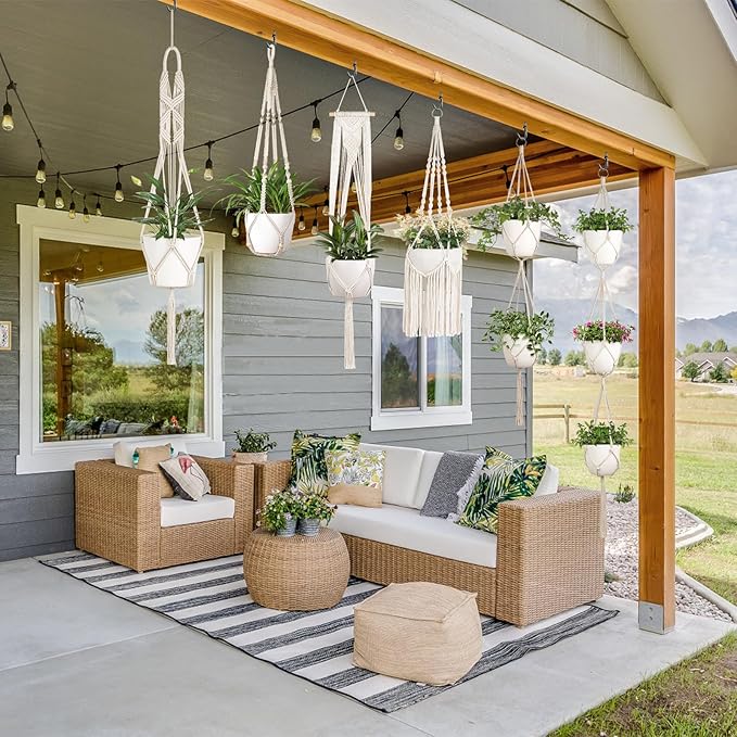 Mkono Macrame Plant Hangers, 6 Pack Indoor Hanging Planters for Plants with 6 Hooks Decorative Hanging Basket Flower Pots Holder Stand in Different Sizes for Boho Home Decor, Ivory